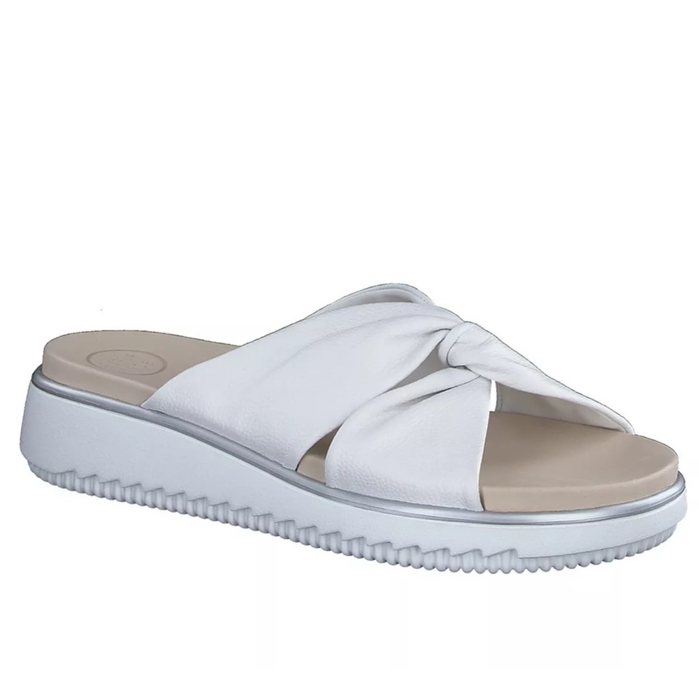 White leather Slide Sandal. In Box, Never Used.